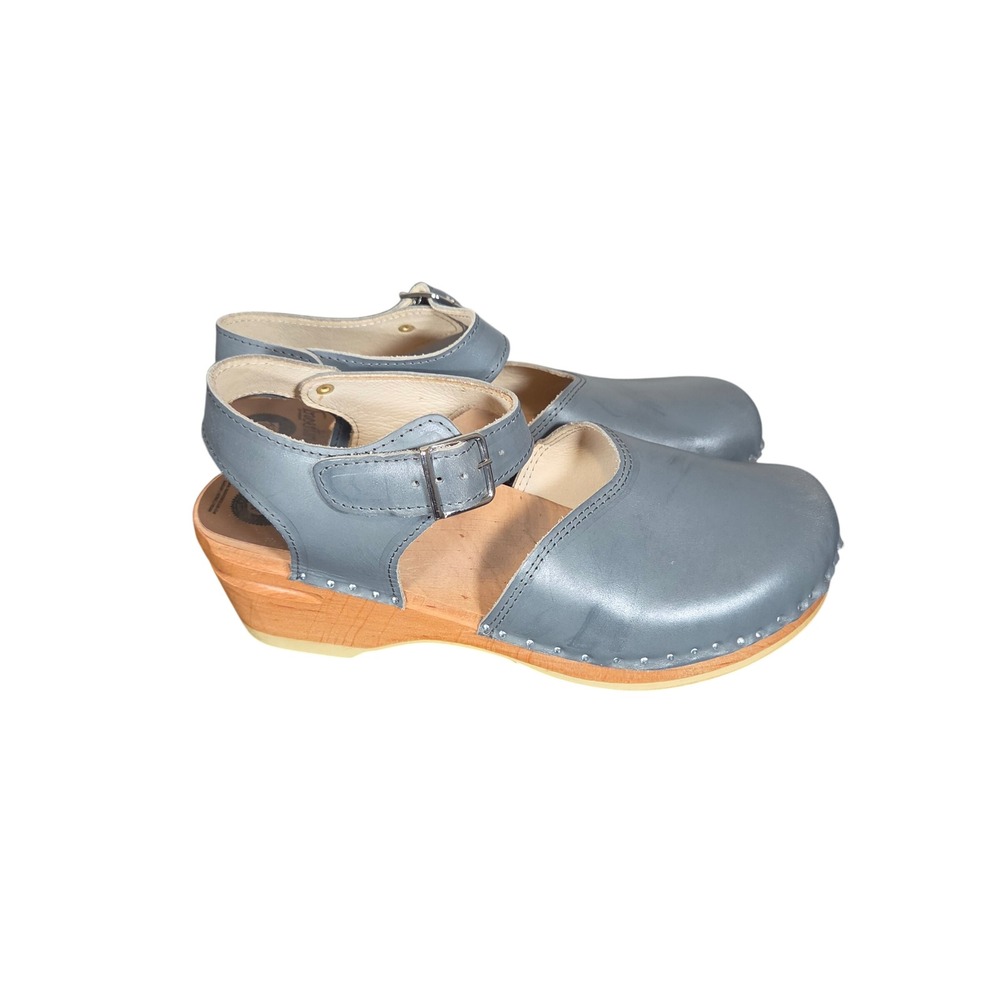 Troentorp Swedish Clogs Womens EU 42 Blue Leather Ankle Strap Wood Heel Shoes